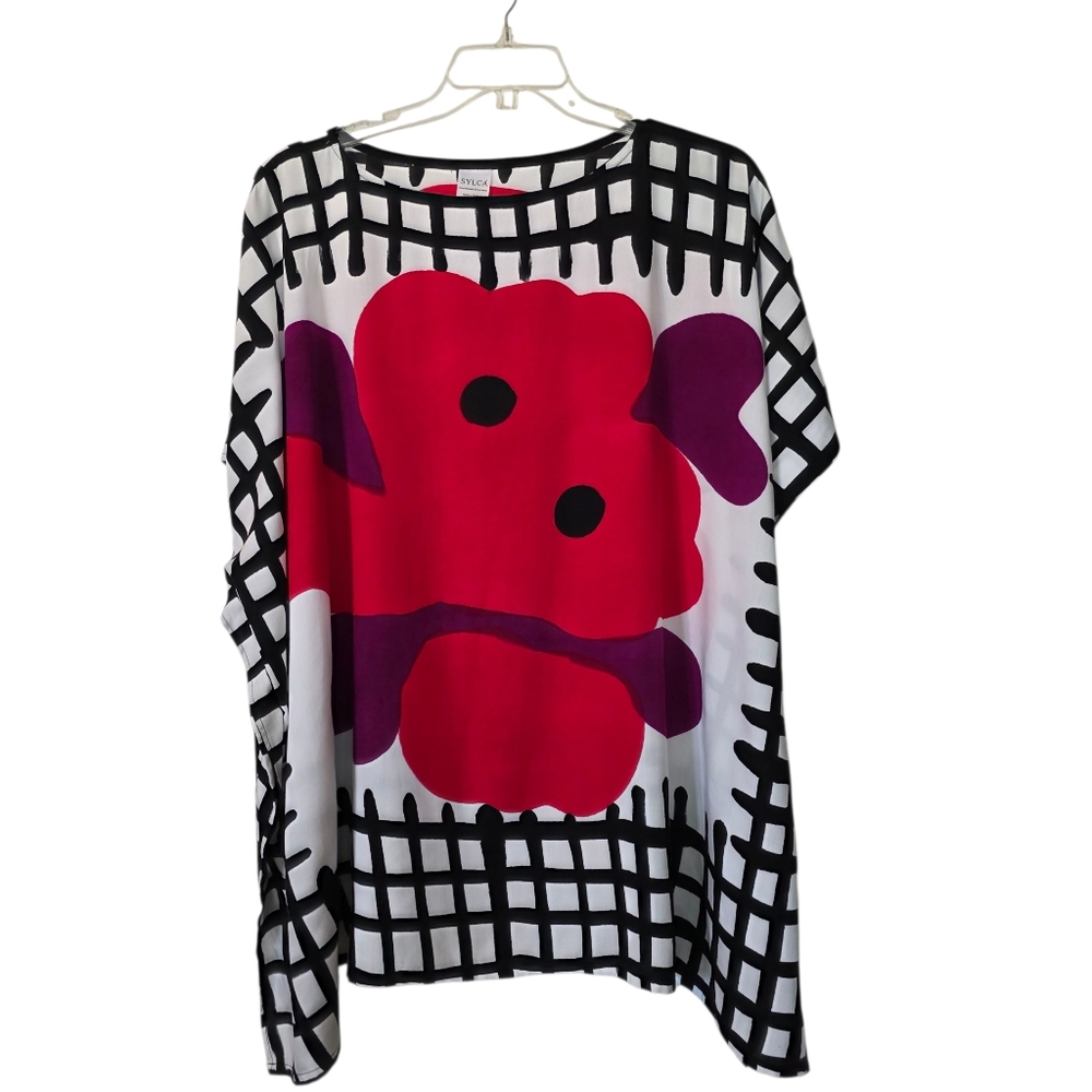 Handpainted Sylca Abstract Floral Red Black Grid Poncho Kimono Kaftan Top EUC
